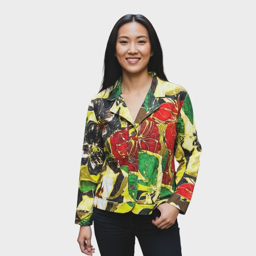 Chicos Art to Wear Blazer Womens 3 Multicolor Floral Eclectic Grandpa Jacket